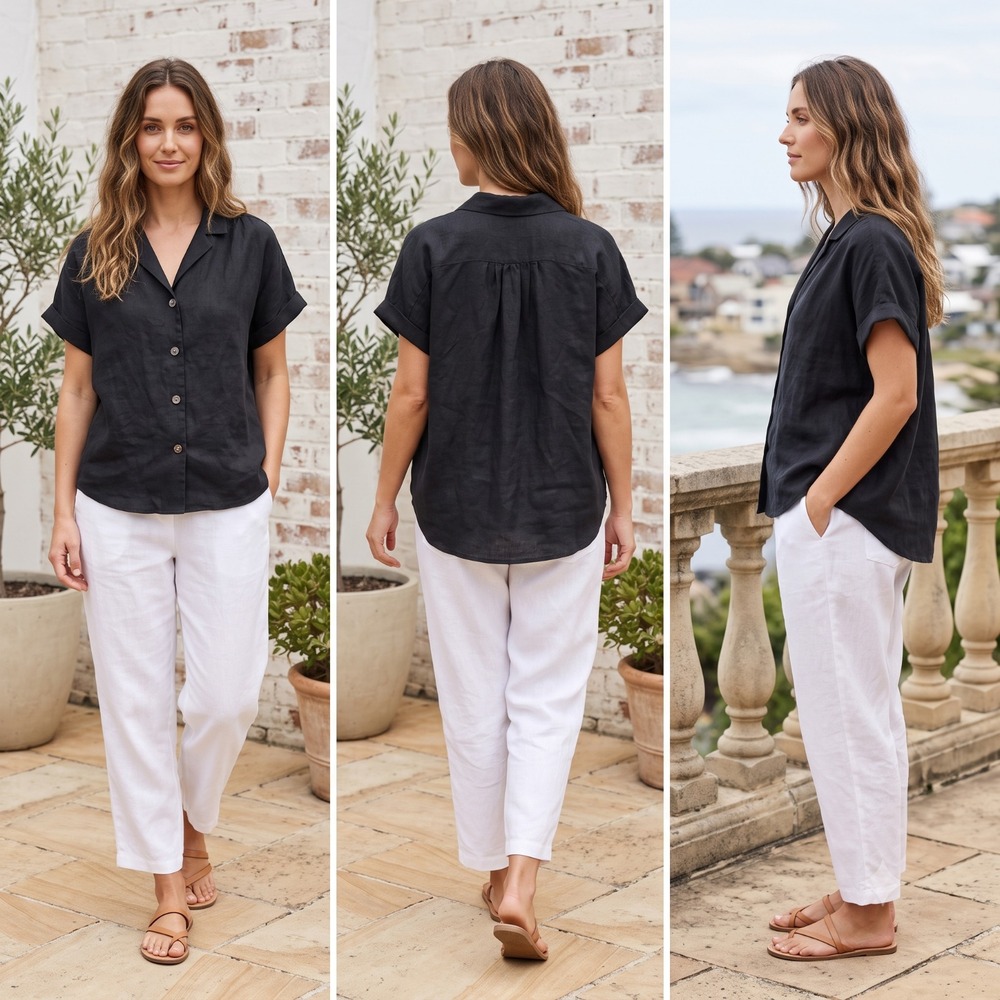 J. Jill Linen Button-Up Shirt Womens XL Black Cuffed Short Sleeve Outdoor Beach